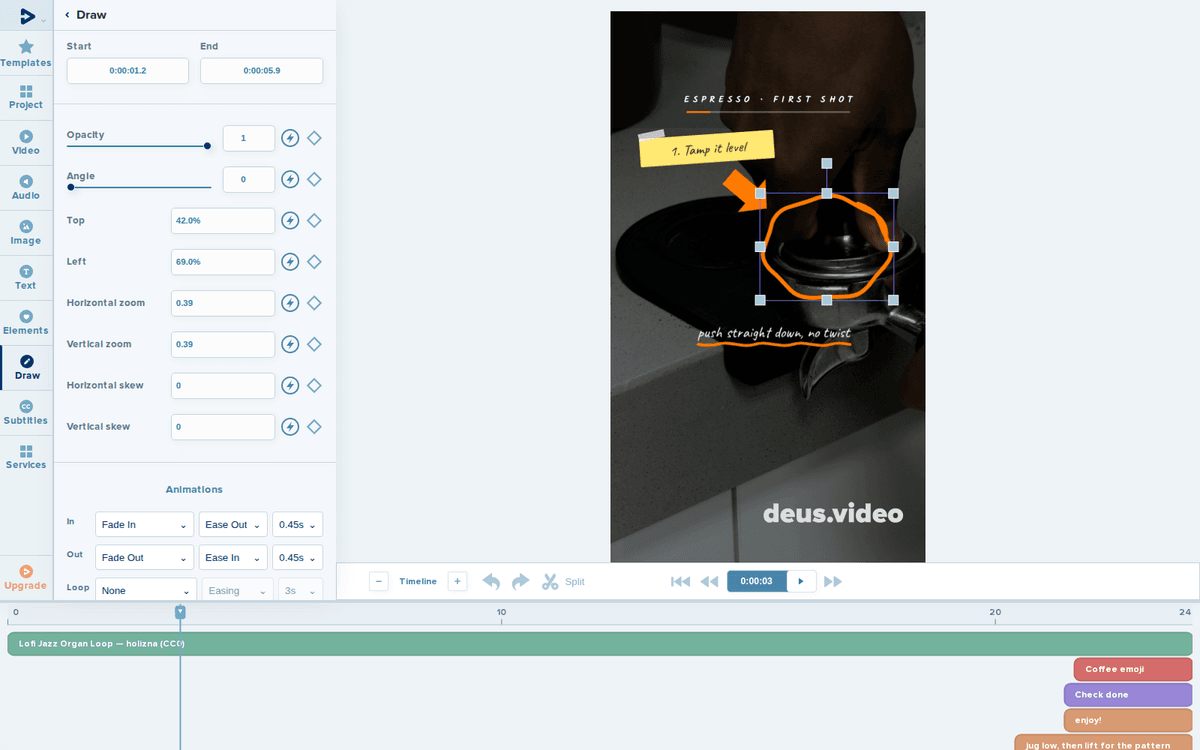 Fade-in and fade-out animation settings for a drawn annotation