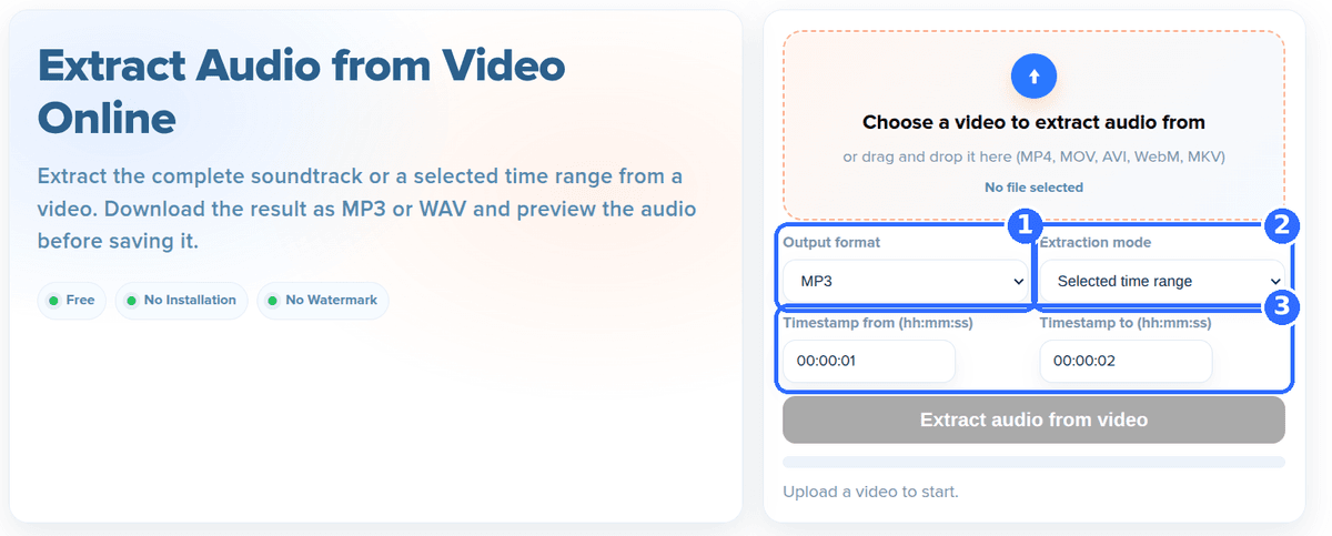 Extract Audio tool with three numbered highlights: the Output format list, the Extraction mode list and the two timestamp fields