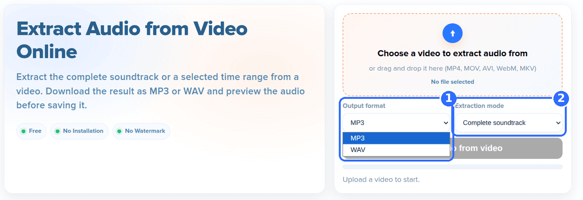 Extract Audio tool with the Output format list open showing MP3 and WAV, and the Extraction mode list set to Complete soundtrack, each marked with a number