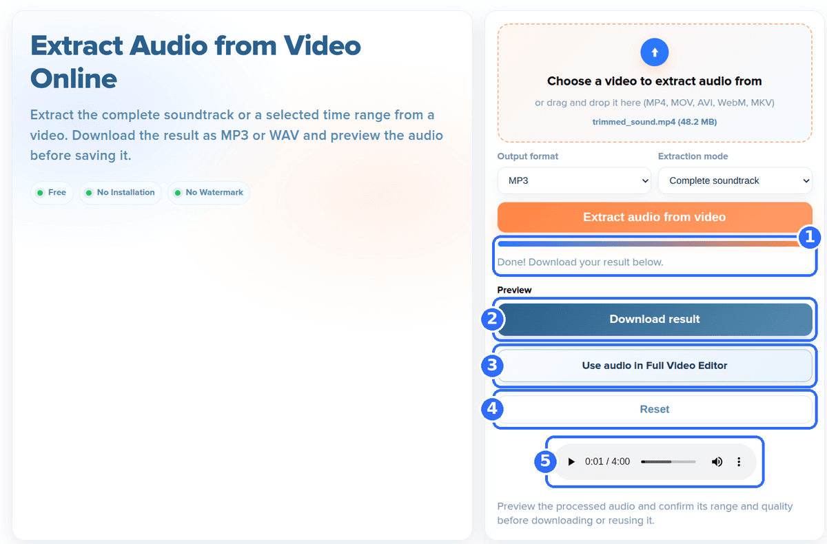Extract Audio tool after processing with five numbered highlights: the Done status line, the Download result button, the Use audio in Full Video Editor button, the Reset button and the audio preview player