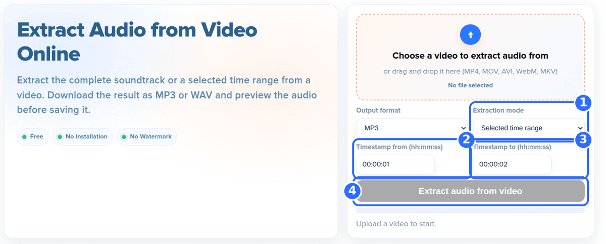 Extract Audio tool in Selected time range mode with four numbered highlights: the Extraction mode list, the Timestamp from field, the Timestamp to field and the Extract audio from video button