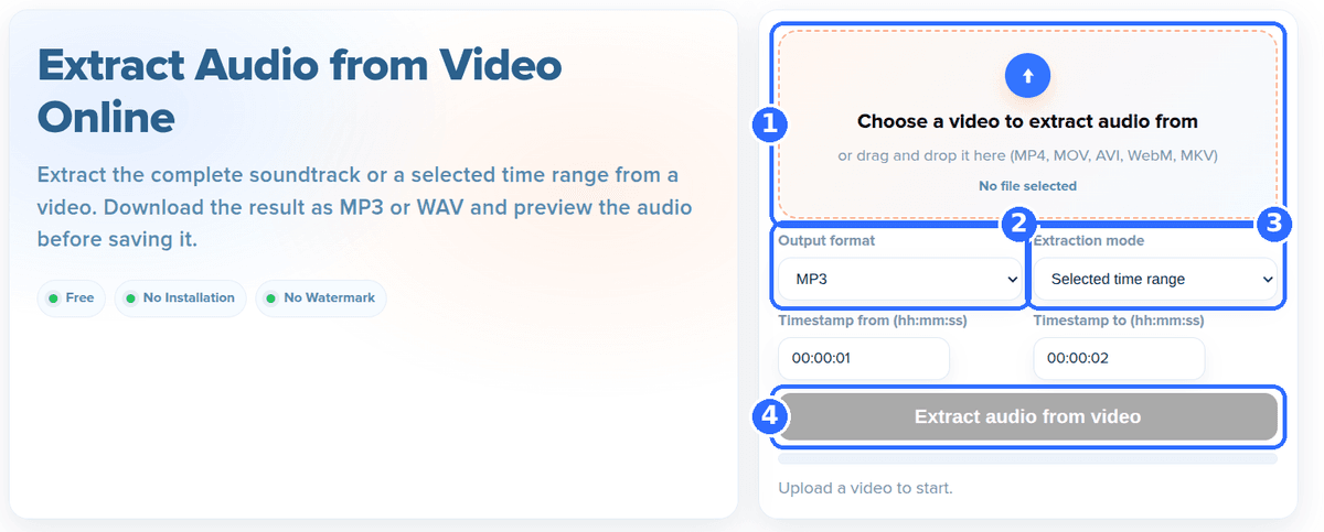 Extract Audio tool with four numbered highlights: the upload area, the Output format list, the Extraction mode list and the Extract audio from video button
