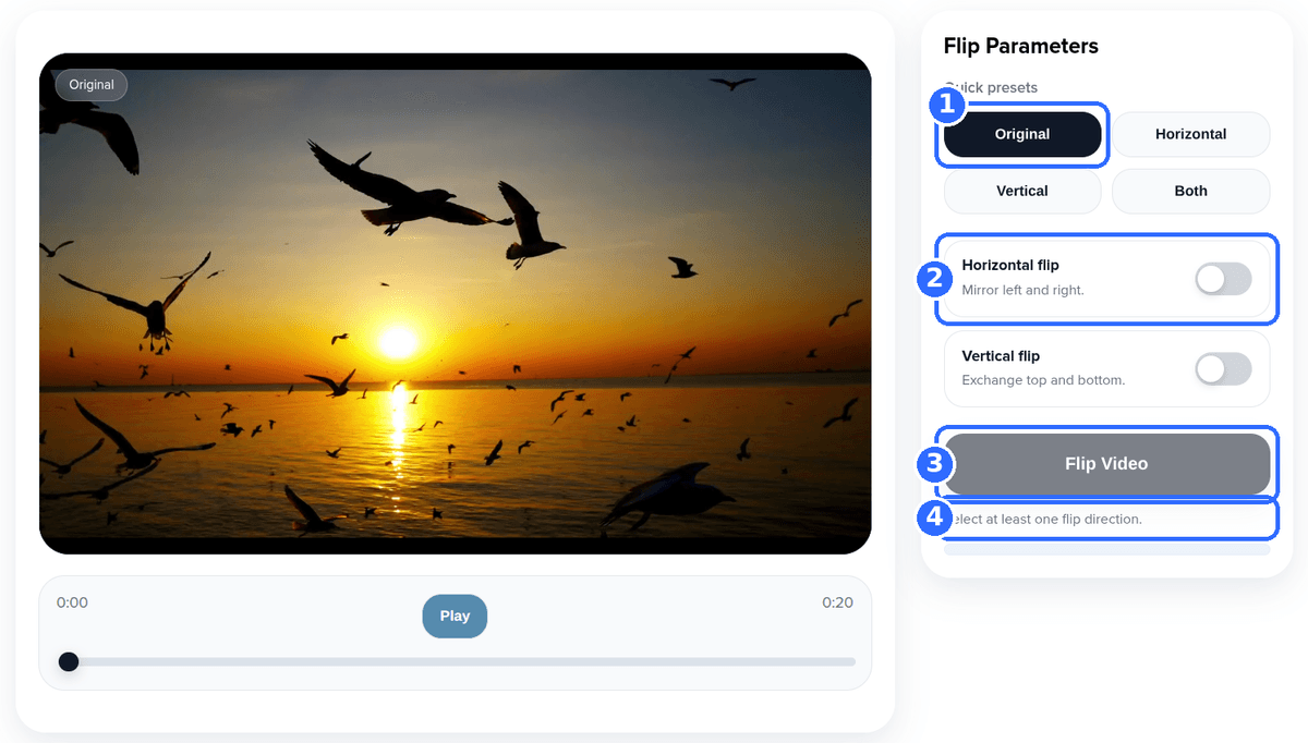 Flip Video tool in its starting state with four numbered highlights: the Original preset, the Horizontal flip toggle switched off, the inactive Flip Video button and the note asking to select at least one flip direction
