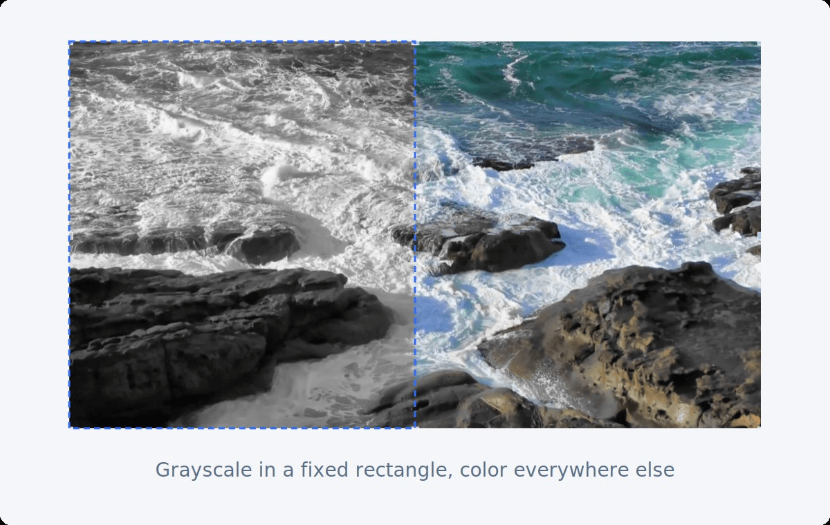 Ocean frame where the left half, outlined with a dashed line, is black and white and the right half stays in color