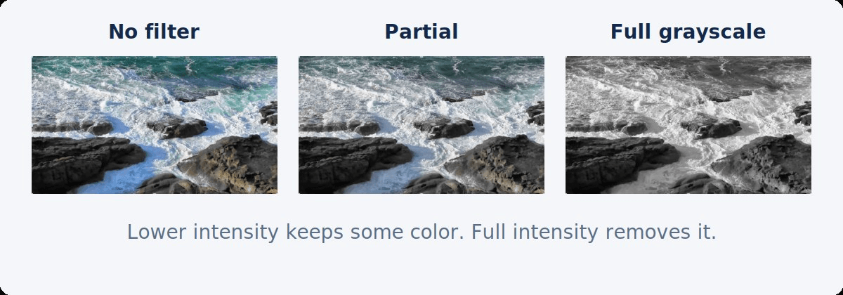 Three versions of one frame: full color, partly desaturated and fully grayscale