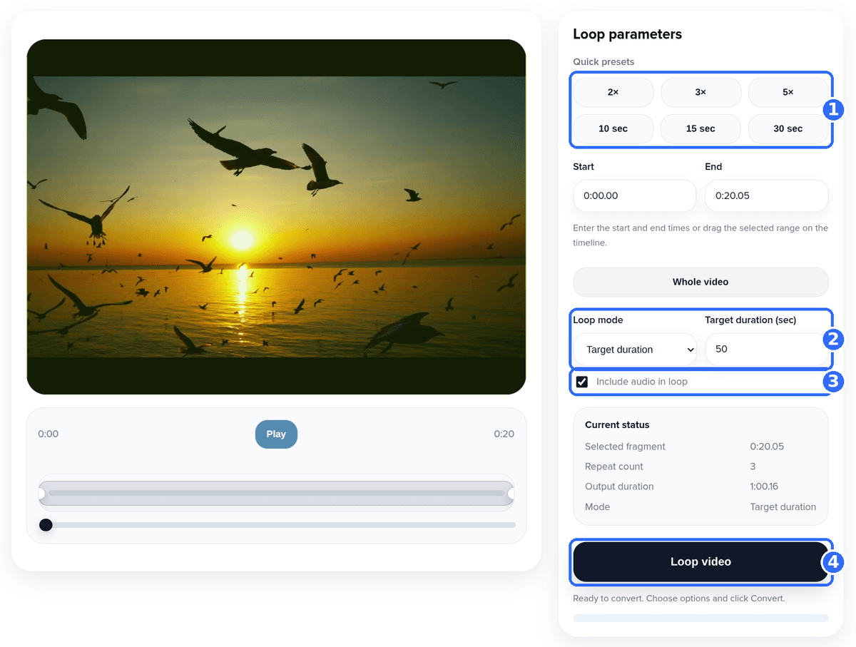 Loop Video tool with four numbered highlights: the six quick presets, the Loop mode and value fields, the Include audio in loop checkbox and the Loop video button