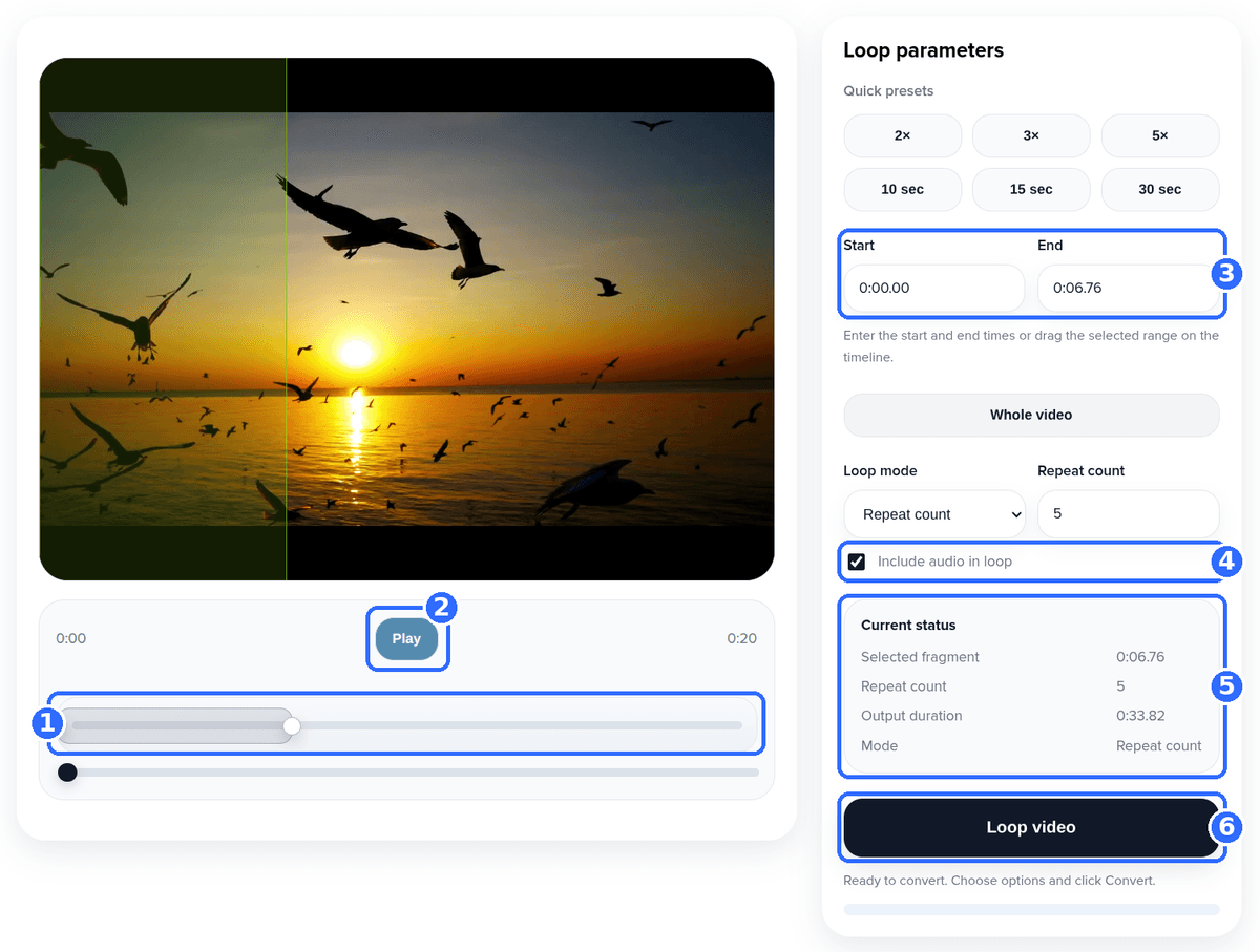 Loop Video tool with six numbered highlights: the selected range bar on the timeline, the Play button, the Start and End fields, the Include audio in loop checkbox, the Current status block and the Loop video button