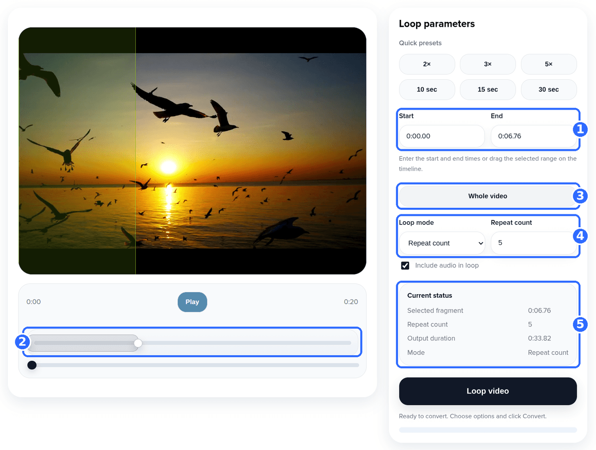 Loop Video tool with five numbered highlights: the Start and End fields, the selected range bar with handles, the Whole video button, the Loop mode and Repeat count fields and the Current status block