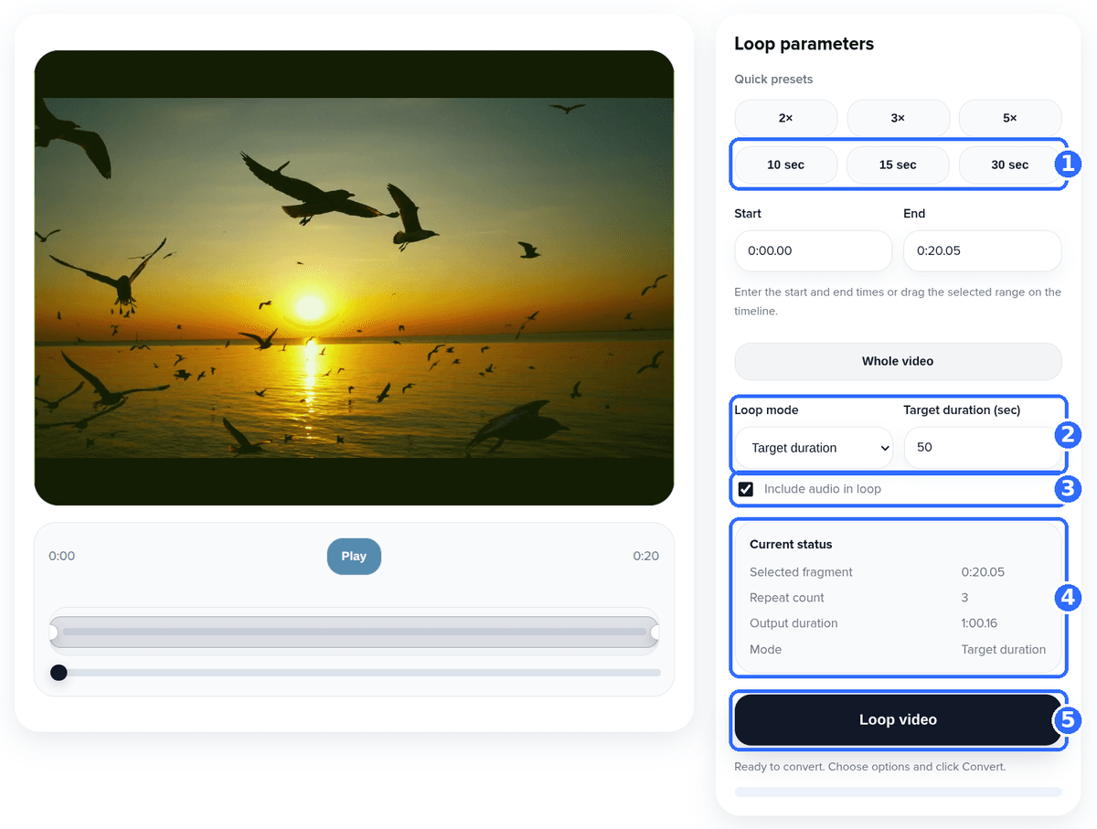 Loop Video tool in Target duration mode with five numbered highlights: the 10, 15 and 30 second presets, the Loop mode and Target duration fields showing 50, the Include audio in loop checkbox, the Current status block showing 3 repeats and 1:00.16, and the Loop video button