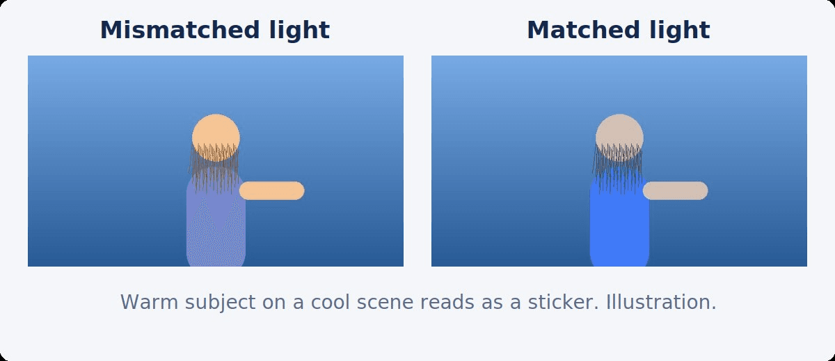 A warm-lit subject over a cool blue scene next to the same subject with cool light over the same scene