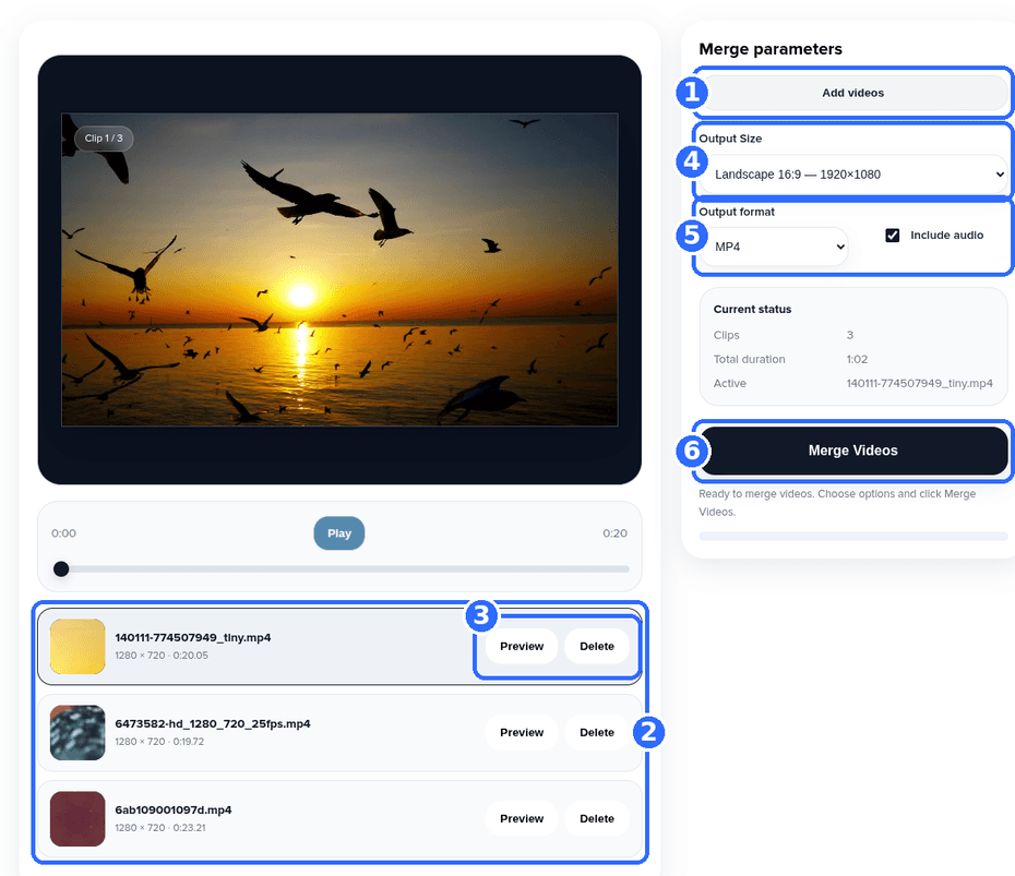 Merge Videos tool with six numbered highlights: the Add videos button, the list of three clip cards, the Preview and Delete buttons on a card, the Output Size list, the Output format list with the Include audio checkbox, and the Merge Videos button
