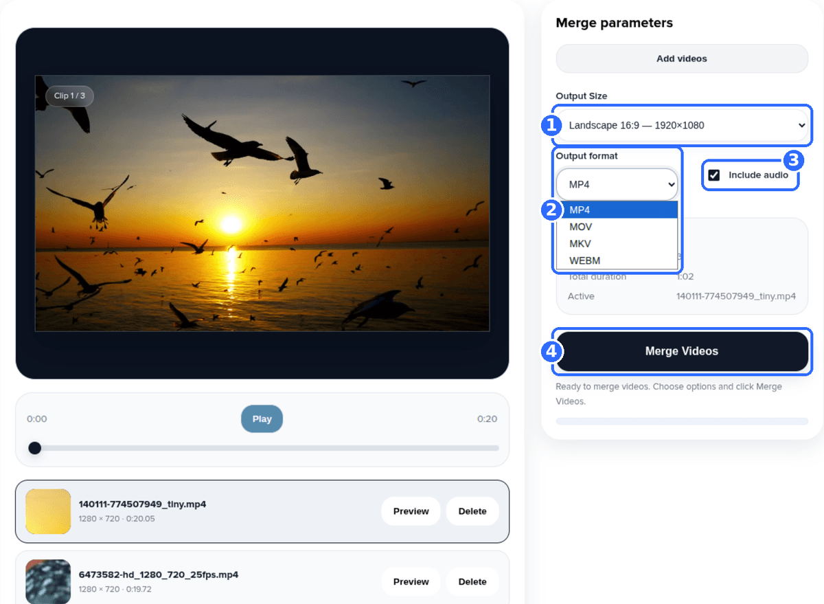 Merge Videos tool with the Output format list open and four numbered highlights: the Output Size list, the format options MP4, MOV, MKV and WEBM, the Include audio checkbox and the Merge Videos button