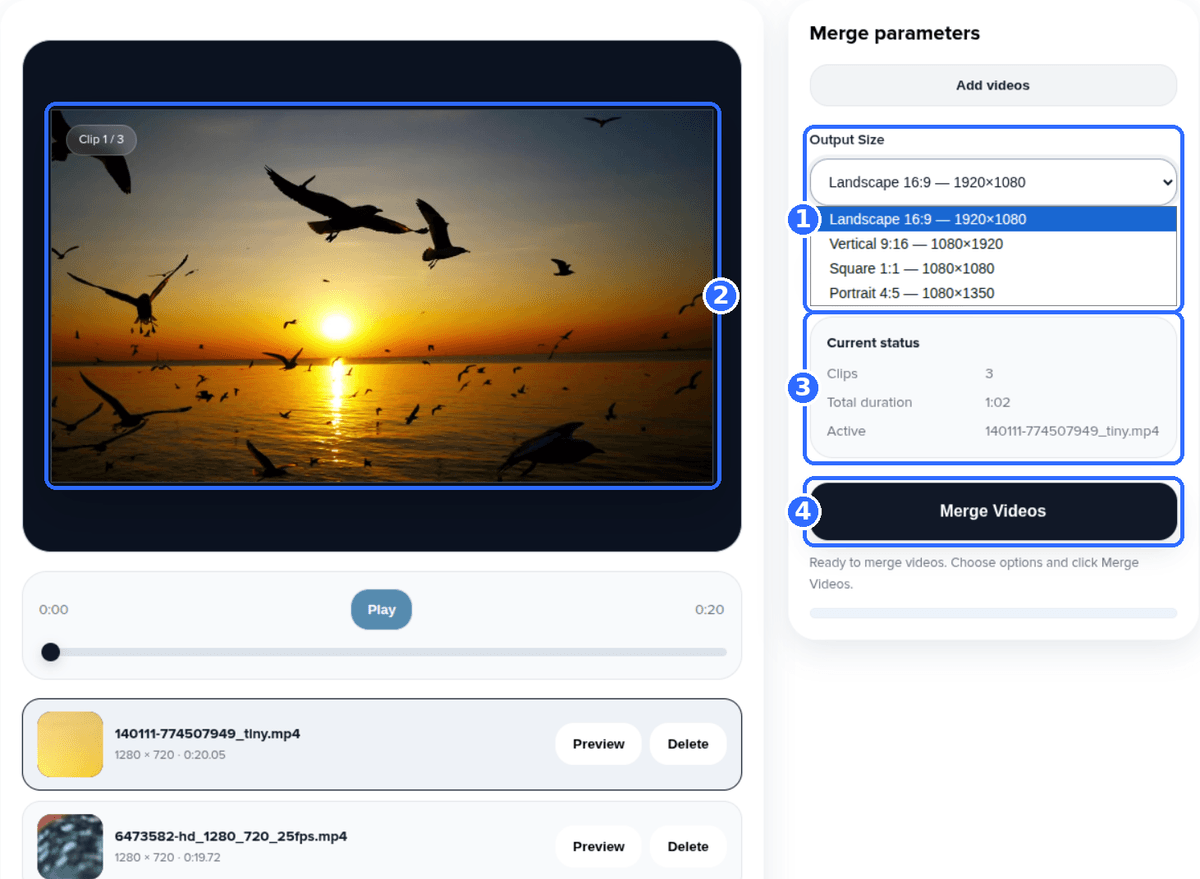 Merge Videos tool with the Output Size list open and four numbered highlights: the four size options, the preview showing the clip inside the output frame, the Current status block and the Merge Videos button