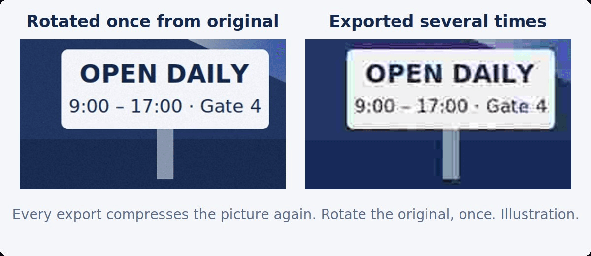 A sign with crisp lettering from an original file next to the same sign from a copy compressed several times, with blocky, smeared lettering