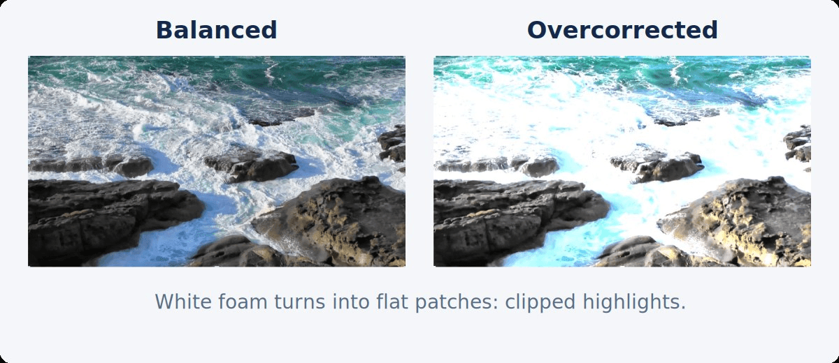 A balanced ocean frame next to an overcorrected version where the white foam has become flat white patches