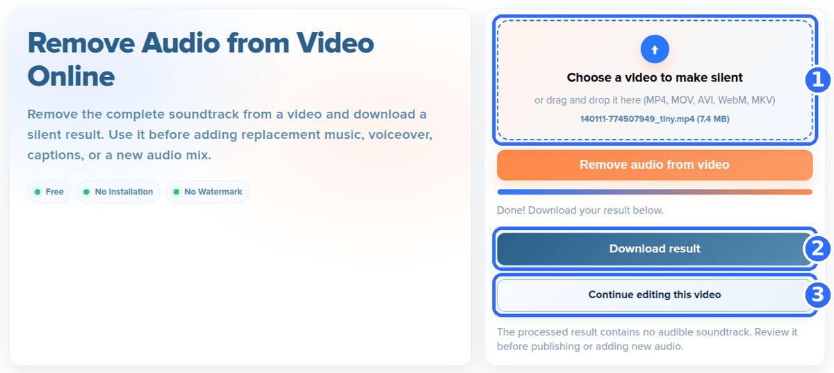 Remove Audio tool after processing with three numbered highlights: the upload area showing the file name, the Download result button and the Continue editing this video button