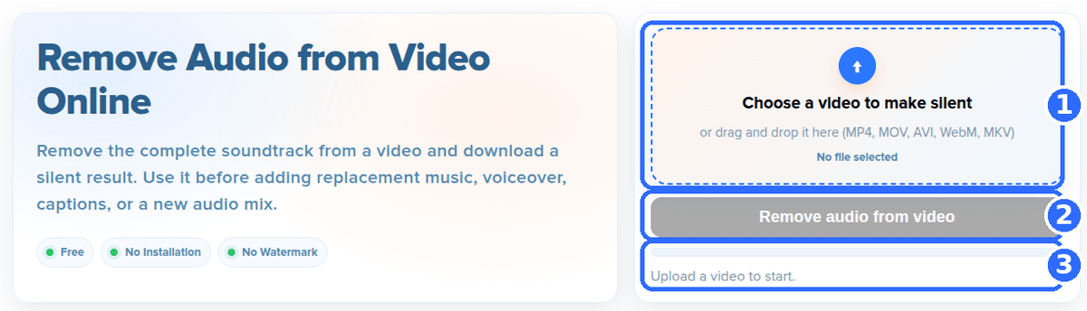 Remove Audio tool before upload with three numbered highlights: the upload area, the Remove audio from video button and the status line