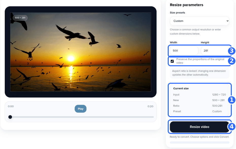 Video Resizer tool with four numbered highlights: the Current size block showing Input 1280 by 720, the Preserve proportions checkbox, the Width and Height fields, and the Resize video button