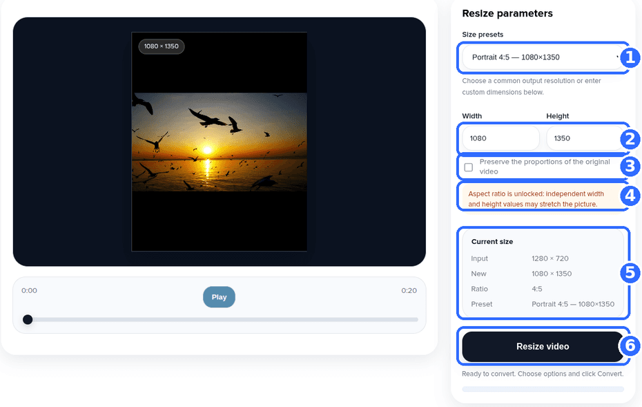 Video Resizer tool with six numbered highlights: the Size presets list, the Width and Height fields, the Preserve proportions checkbox, the ratio note, the Current size block and the Resize video button