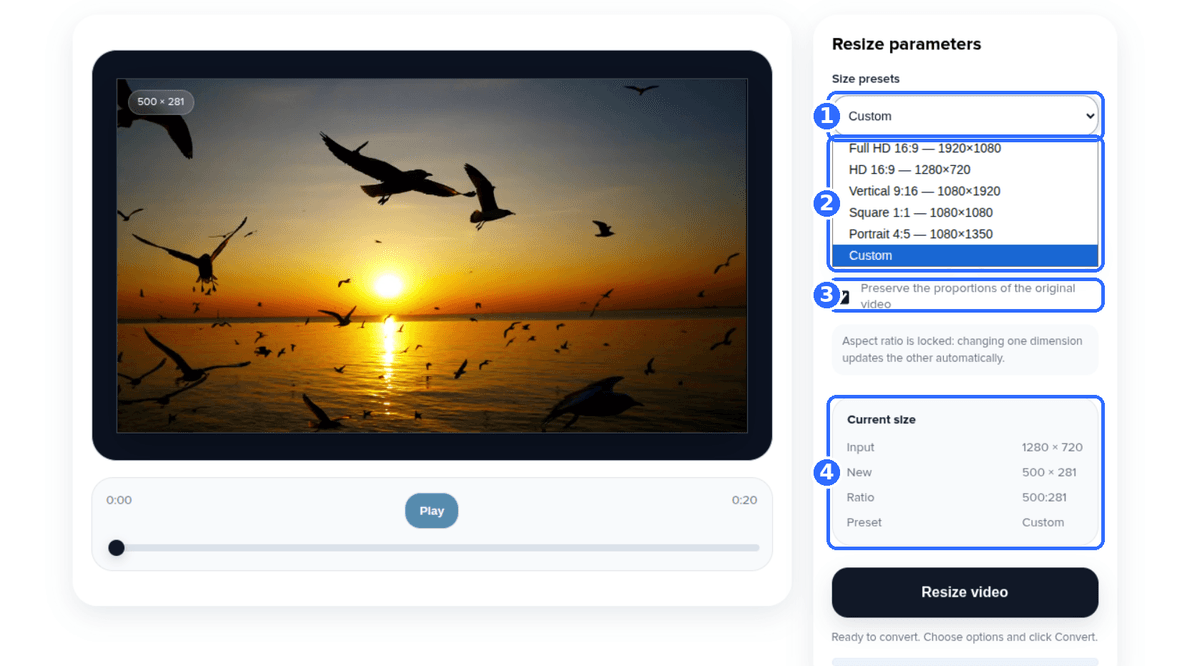 Video Resizer tool with the Size presets list open and four numbered highlights: the presets list showing Full HD, HD, Vertical, Square, Portrait and Custom, the preview with its 500 by 281 label, the Preserve proportions checkbox and the Current size block