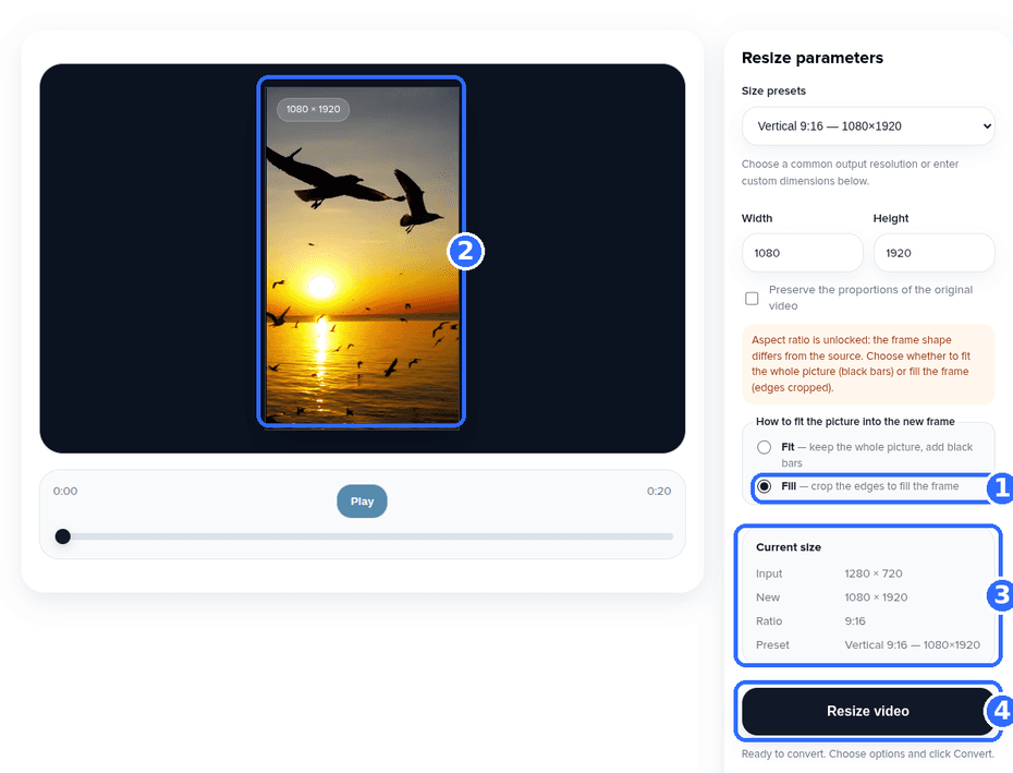 Video Resizer tool with Fill selected and four numbered highlights: the Fill option, the preview showing the picture filling the vertical frame with its sides cropped, the Current size block and the Resize video button