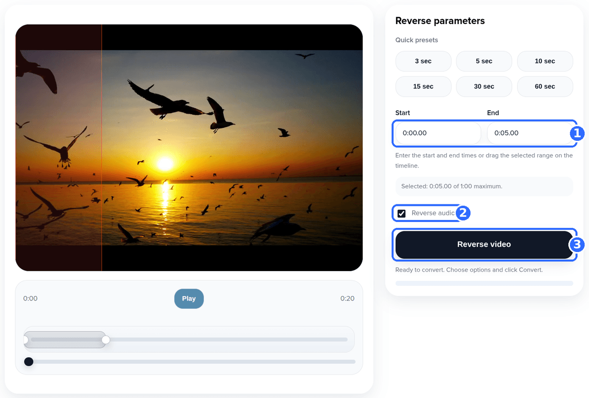 Reverse Video tool with three numbered highlights: the Start and End fields, the Reverse audio checkbox and the Reverse video button