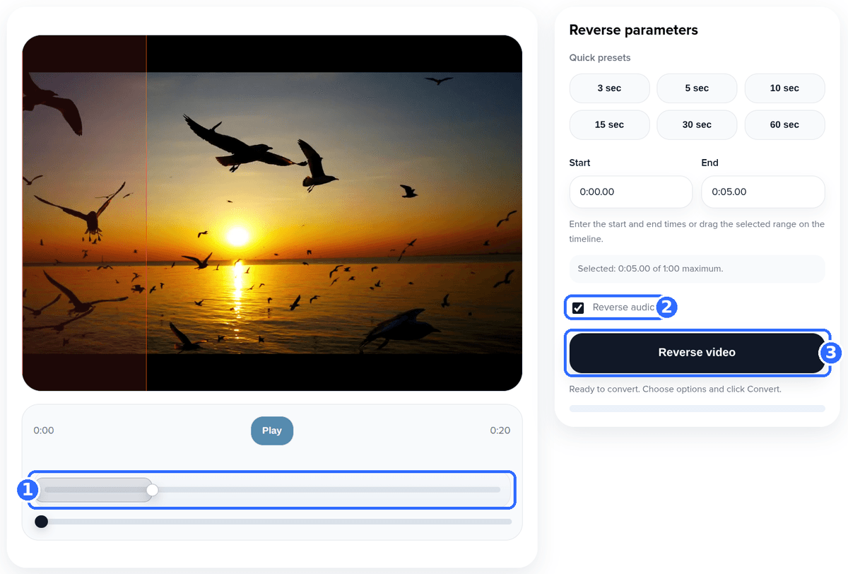 Reverse Video tool with three numbered highlights: the short selected range on the timeline, the Reverse audio checkbox and the Reverse video button