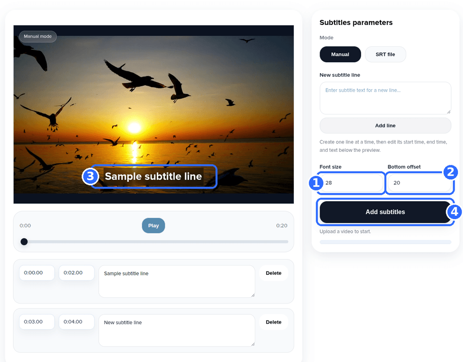 Add Subtitles to Video tool with four numbered highlights: the Font size field, the Bottom offset field, the caption drawn in the preview, and the Add subtitles button