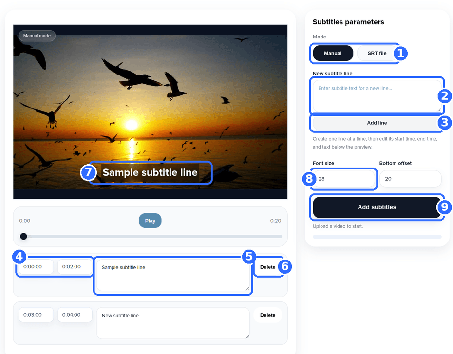 Add Subtitles to Video tool in Manual mode with nine numbered highlights: the mode switch, the New subtitle line box, the Add line button, a line’s start and end fields, its text box, its Delete button, the caption drawn in the preview, the Font size field and the Add subtitles button