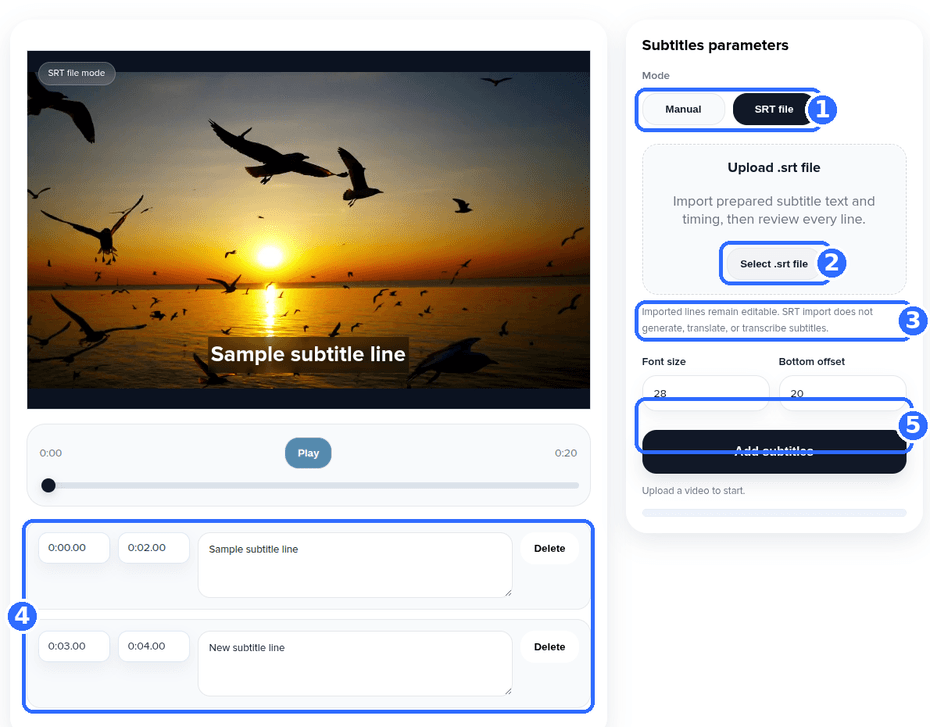 Add Subtitles to Video tool in SRT file mode with five numbered highlights: the mode switch, the Select .srt file button, the note that imported lines remain editable and that import does not generate or translate subtitles, the list of imported lines, and the Add subtitles button