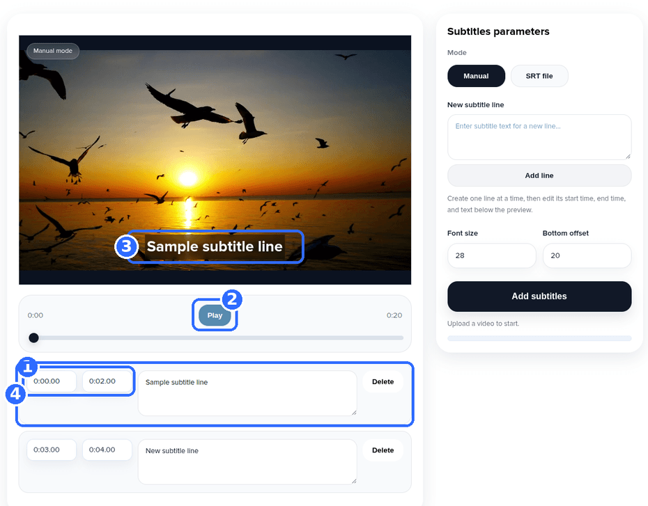 Add Subtitles to Video tool with four numbered highlights: a line’s start and end fields, the Play button, the caption drawn in the preview, and the whole line row