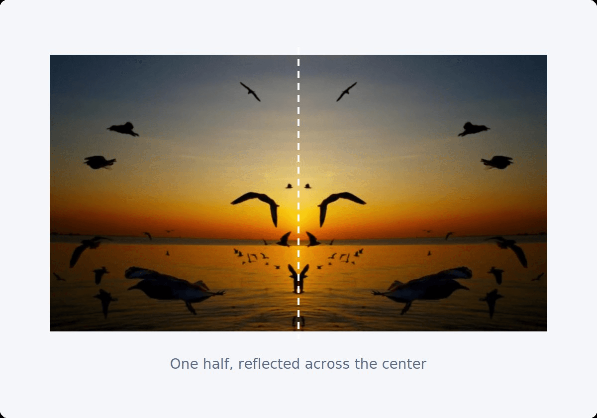 Sunset over the sea with flying birds, where the right half of the frame is reflected on the left so the picture is symmetrical around a dashed center line