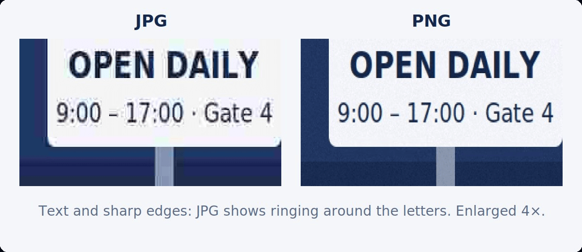 An enlarged sign with text as JPG, showing ringing around the letters, and as PNG, crisp
