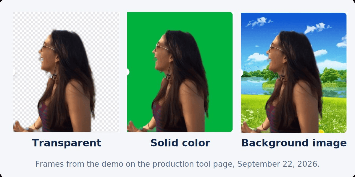 The same subject three times: on a transparent checkerboard, on solid green, and over a park photo