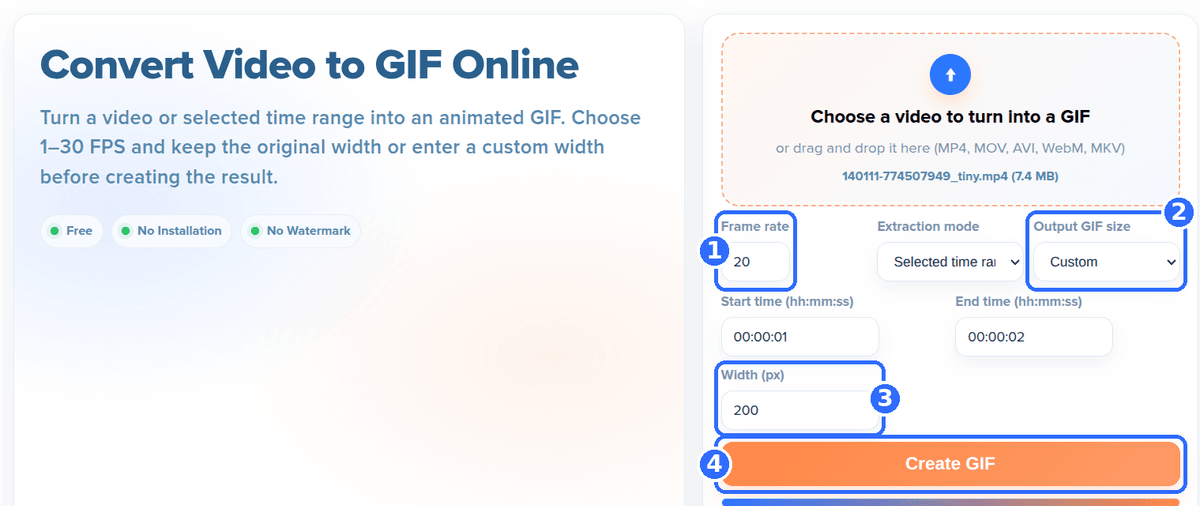 Convert Video to GIF tool with four numbered highlights: the Frame rate field, the Output GIF size list set to Custom, the Width field and the Create GIF button