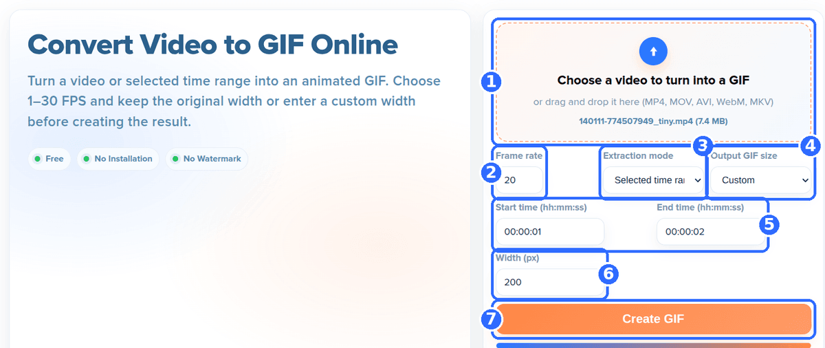 Convert Video to GIF tool with seven numbered highlights: the upload area, the Frame rate field, the Extraction mode list, the Output GIF size list, the Start time and End time fields, the Width field and the Create GIF button