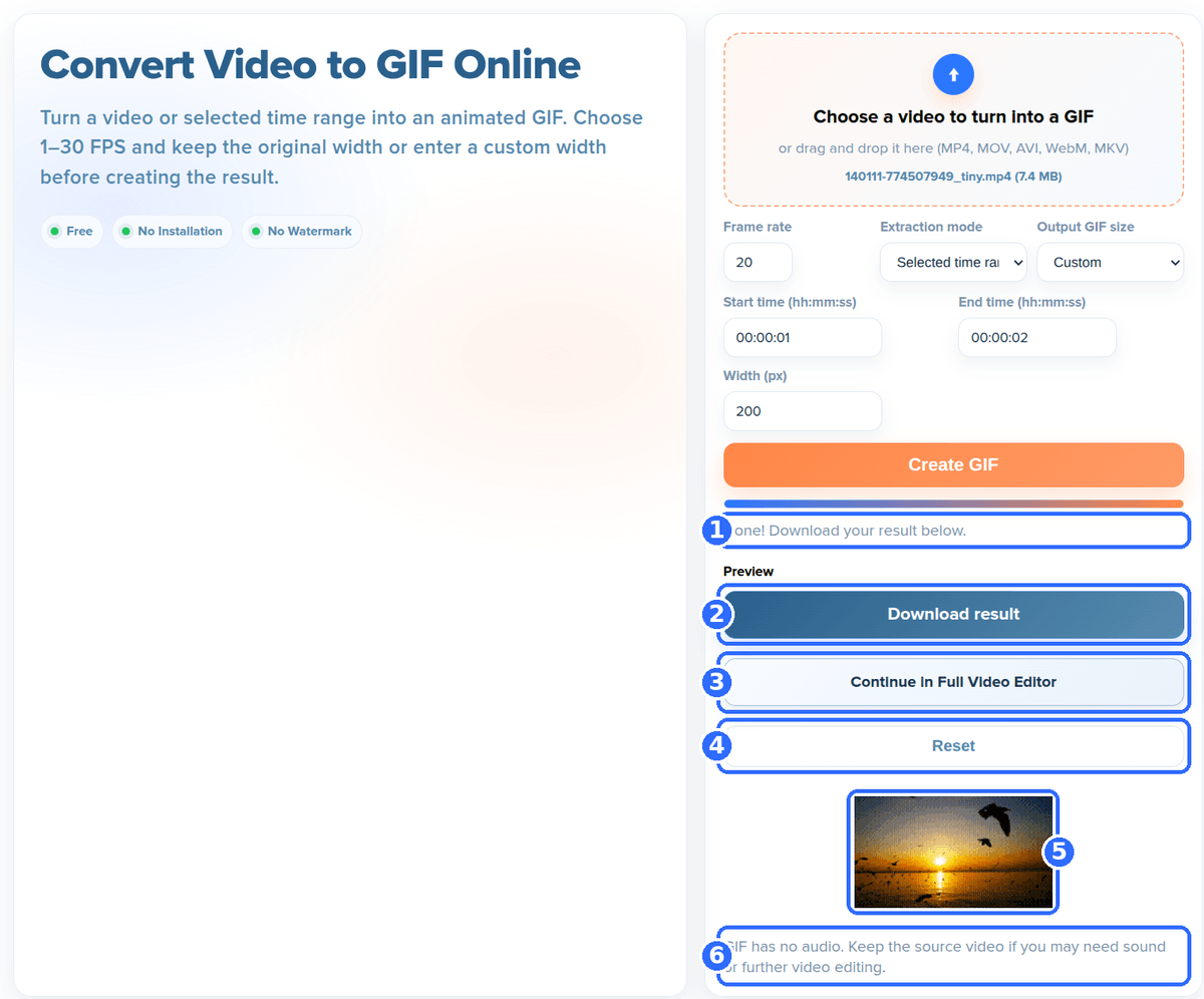 Convert Video to GIF tool after processing with six numbered highlights: the Done status, the Download result button, the Continue in Full Video Editor button, the Reset button, the GIF preview and the note that a GIF has no audio