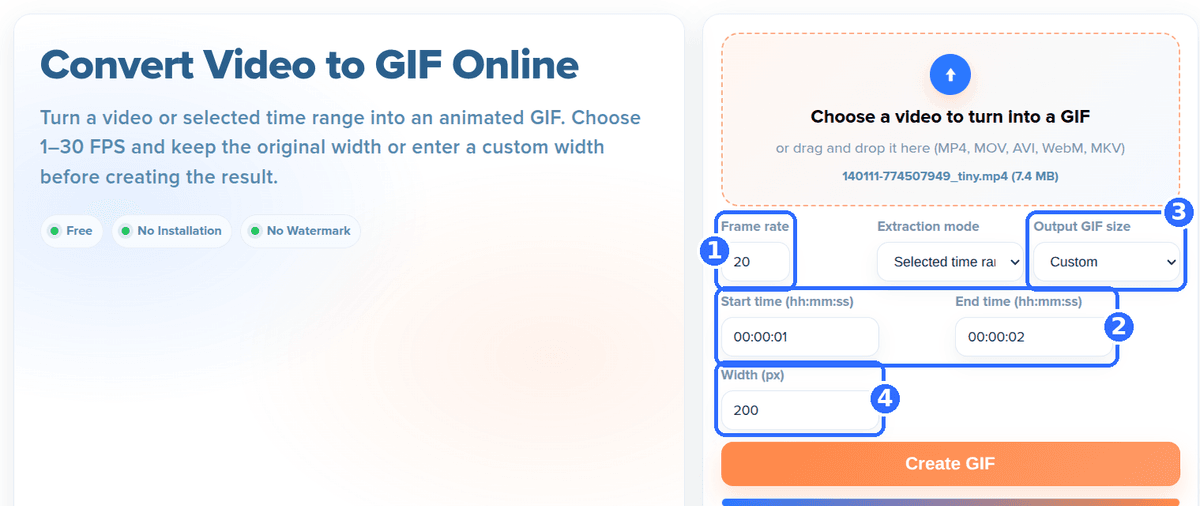 Convert Video to GIF tool with four numbered highlights: the Frame rate field, the Start time and End time fields, the Output GIF size list and the Width field