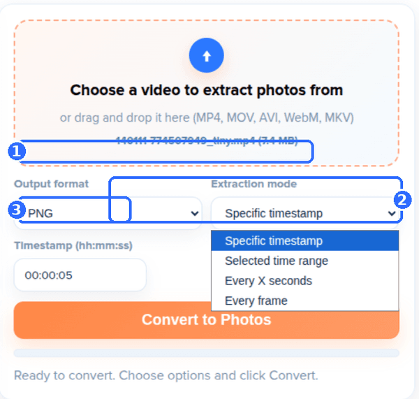 Convert Video to Photo tool with the Extraction mode list open showing Specific timestamp, Selected time range, Every X seconds and Every frame, with three numbered highlights: the Output format and mode row, the open list, and the Timestamp field